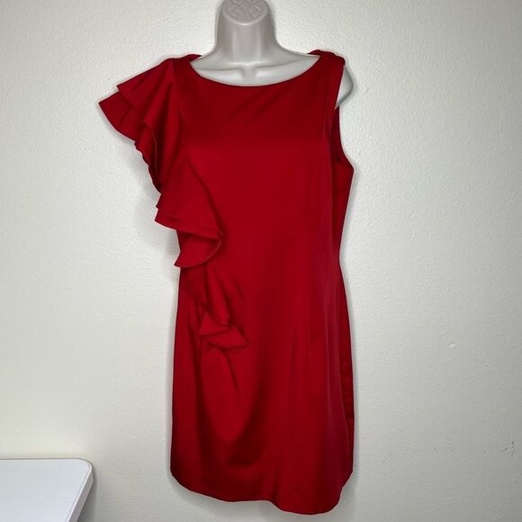 Mac Duggal Asymmetrical Ruffle Sleeve Red Cocktail Dress Women Size Medium READ - Picture 13 of 13